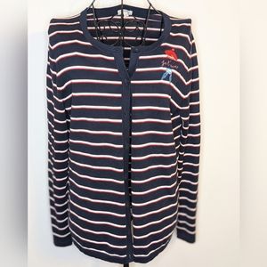 Talbots Je t'aime Embroidered Navy/Red/White Striped Cardigan Sweater French S
